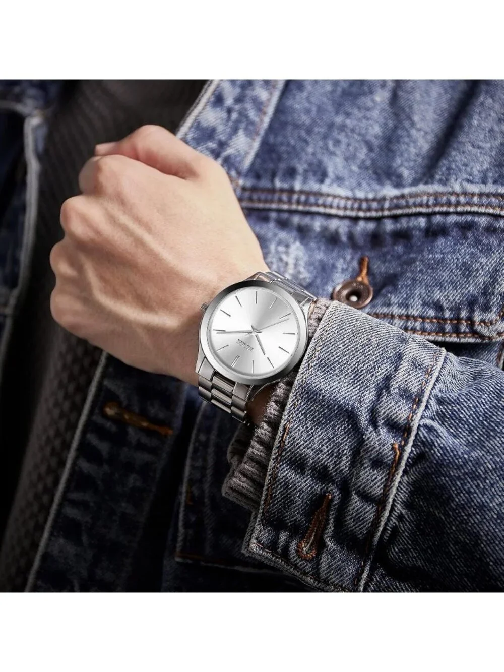 Men's All Silver Analog Quartz Stainless Steel Waterproof Round Luxury Watch